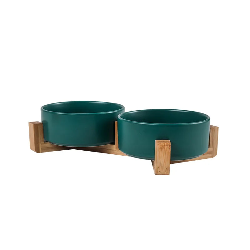 Elevated Ceramic Pet Bowl with Wood Stand