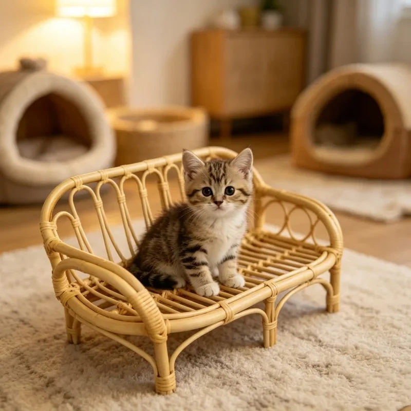 Handwoven Rattan Cat Sofa Bed & Photo Prop