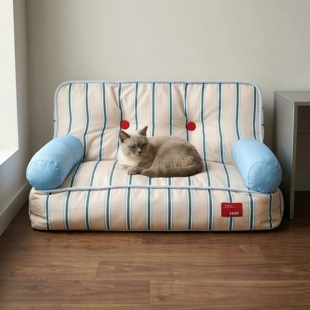 Striped Light Blue Padded Pet Sofa Bed