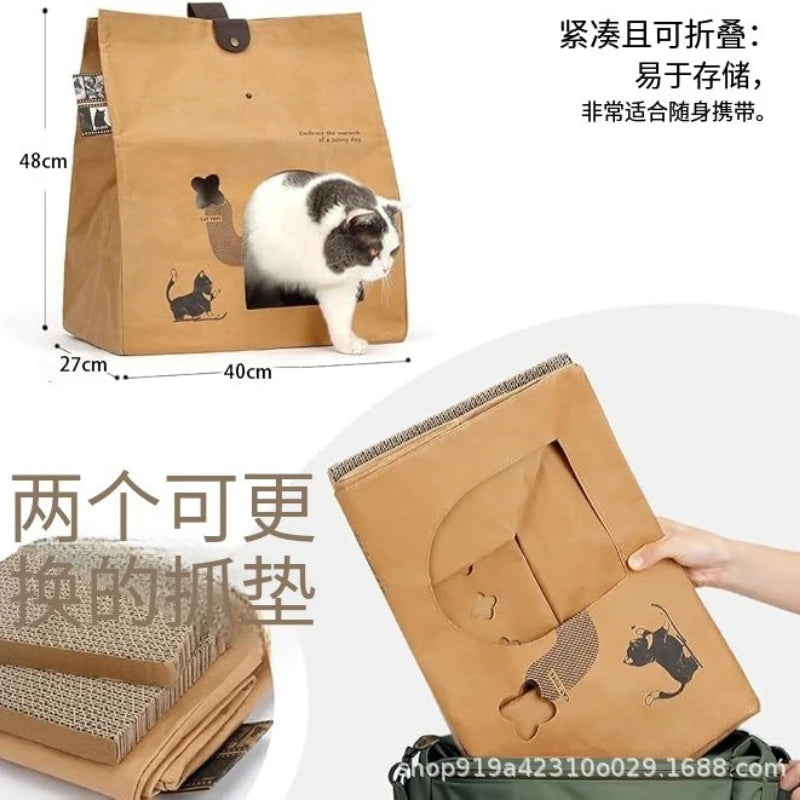 Foldable Kraft Paper Cat Bed House with Scratch Board