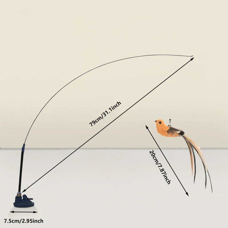 Bird Feather Cat Teaser Wand — Suction-Mount, Flexible Steel Wire