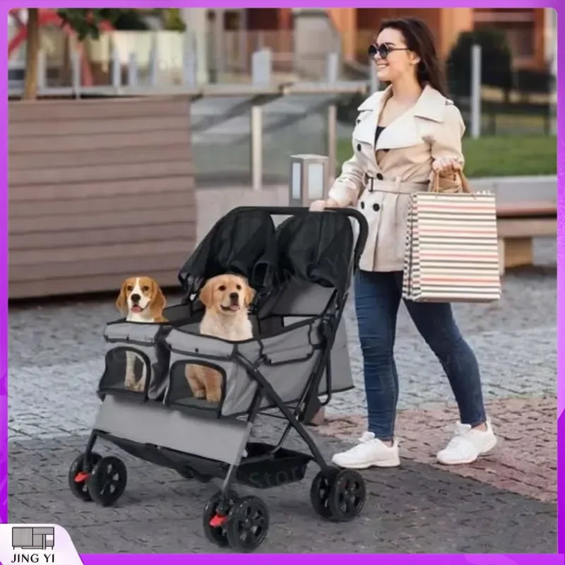 Foldable Double Pet Stroller with Adjustable Sunshade & Storage Basket