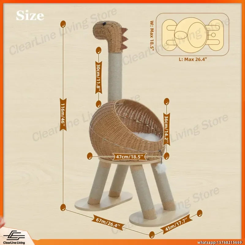 Dinosaur Rattan Cat Tree with Sisal Scratching Post