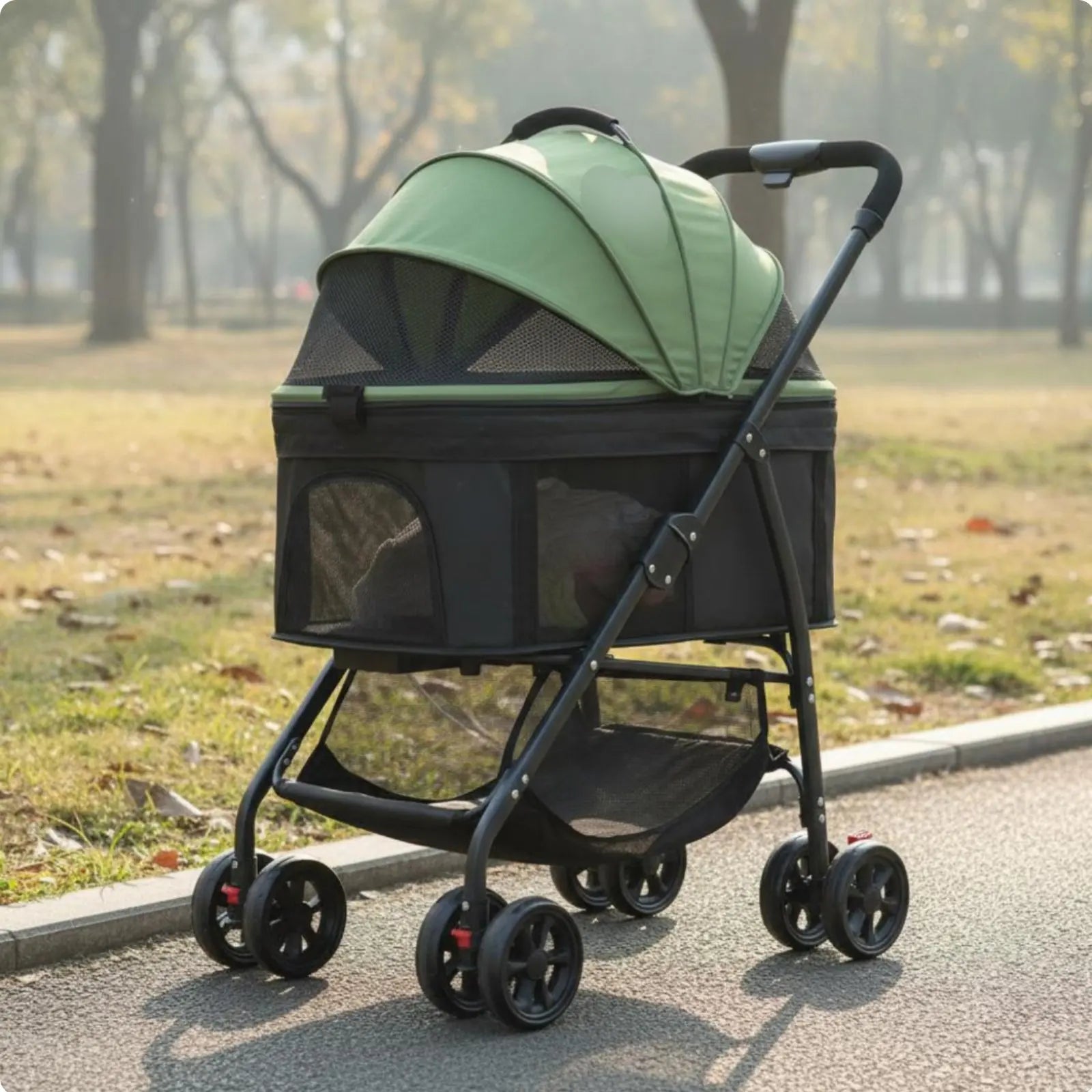 Foldable Pet Transport Stroller with Full-Rotation Wheels & Detachable Carrier — Lightweight Dog & Cat Carriage with Storage