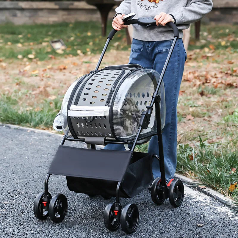 4-Wheel Foldable Jogger Pet Stroller with Detachable Basket for Small & Medium Dogs & Cats — Lightweight