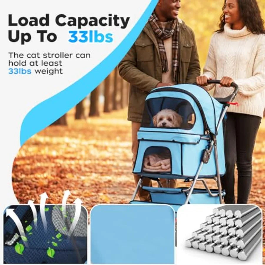 BestOffice 4-Wheel Foldable Pet Stroller with Cup Holder for Small & Medium Dogs & Cats — Lightweight