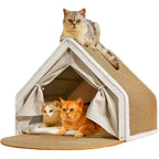 Wooden Cat Cave Bed with Sisal Scratcher & Curtains