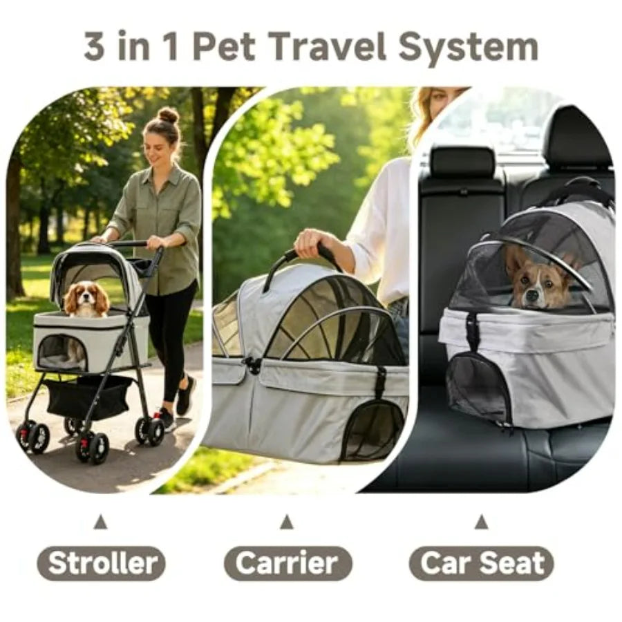 3-in-1 Foldable 4-Wheel Pet Stroller with Detachable Carrier & Mesh for Small Pets