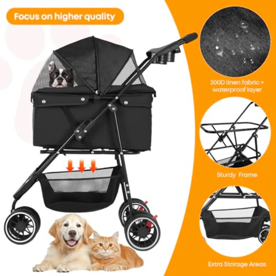 3-Wheel Foldable Pet Stroller with Breathable Mesh Canopy & Cup Holders for Dogs & Cats