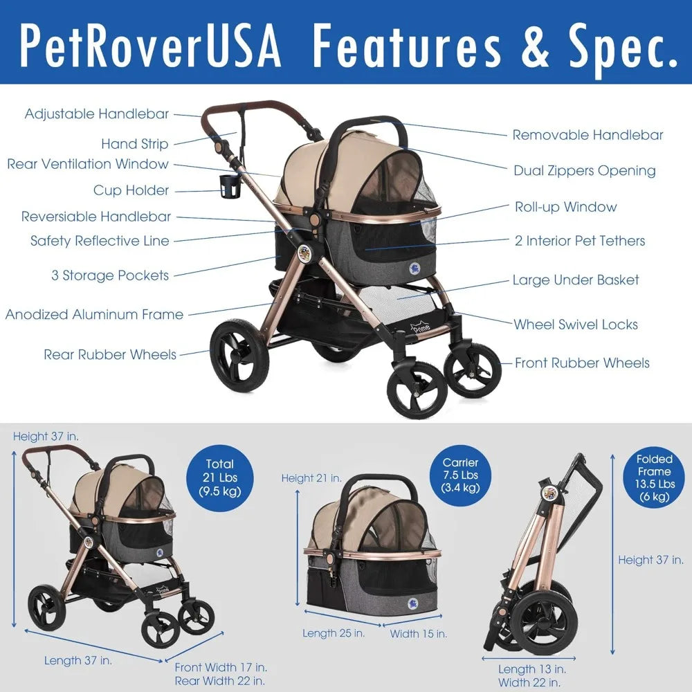 Pet Rover Prime 3-in-1 Luxury Dog & Cat Stroller — Travel Carrier, Car Seat & Stroller with Detachable Carrier