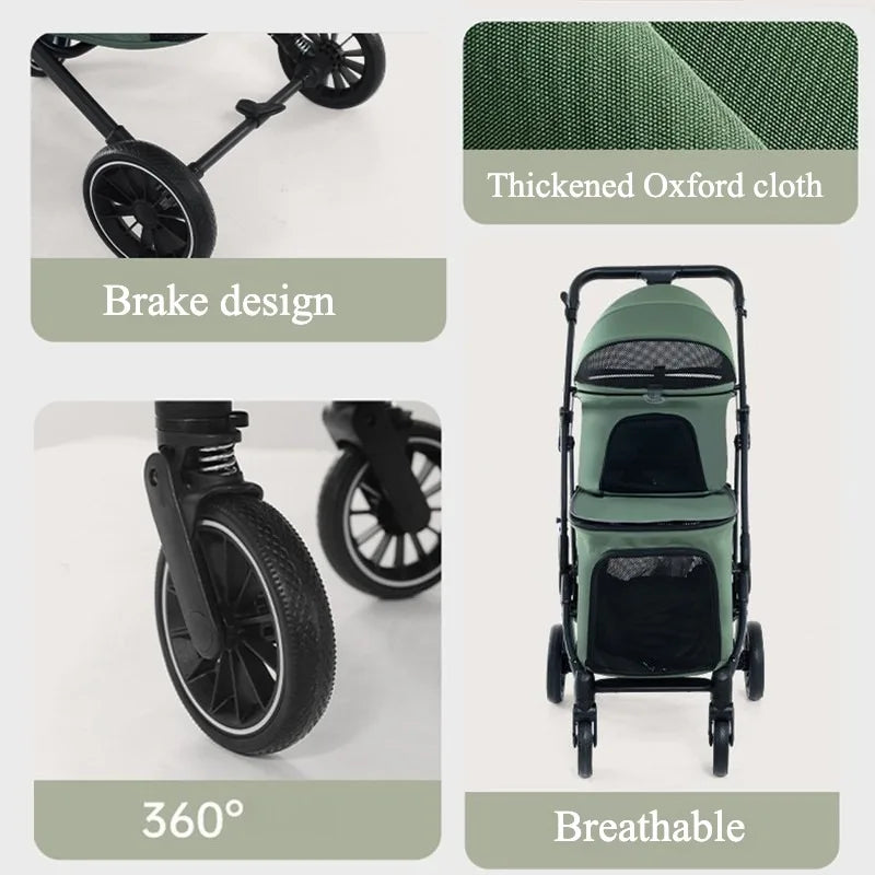 Foldable Double Pet Stroller for Medium Dogs & Cats — 4 Lockable Wheels, Safety Belts, Multi-Pet Carriage