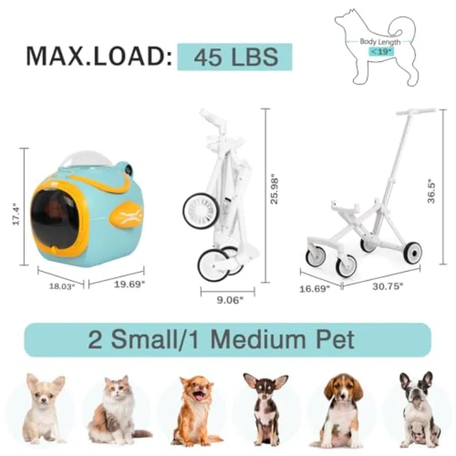 4-in-1 Space Capsule Pet Stroller with Built-In Fan & Detachable Carrier for Dogs & Cats