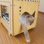 Wooden Double-Deck Pet Bed with Hammock & House