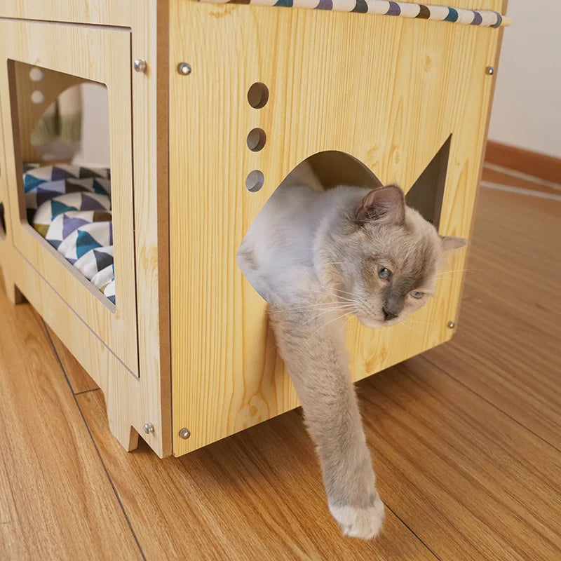 Wooden Double-Deck Pet Bed with Hammock & House