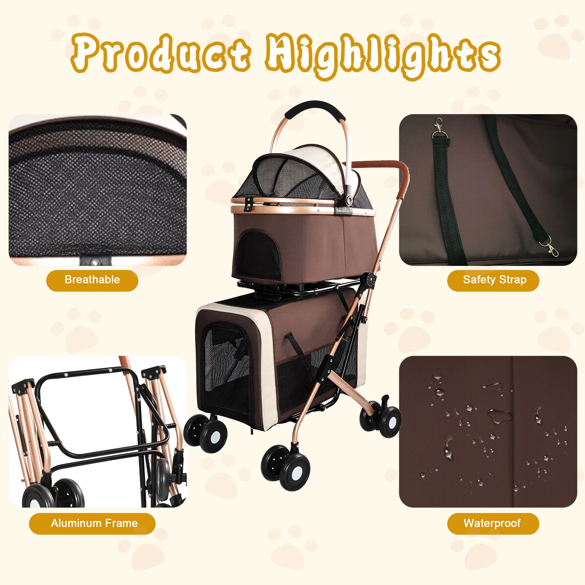 Double Pet Stroller for Dogs & Cats — Foldable 3-in-1 Convertible Carrier with Shockproof Wheels & Brake