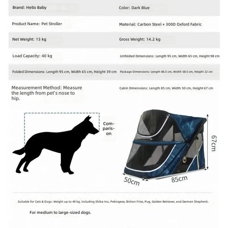 Spacious Durable Pet Stroller for Large Dogs & Multiple Cats — Outdoor Walking & Jogging Travel Cart