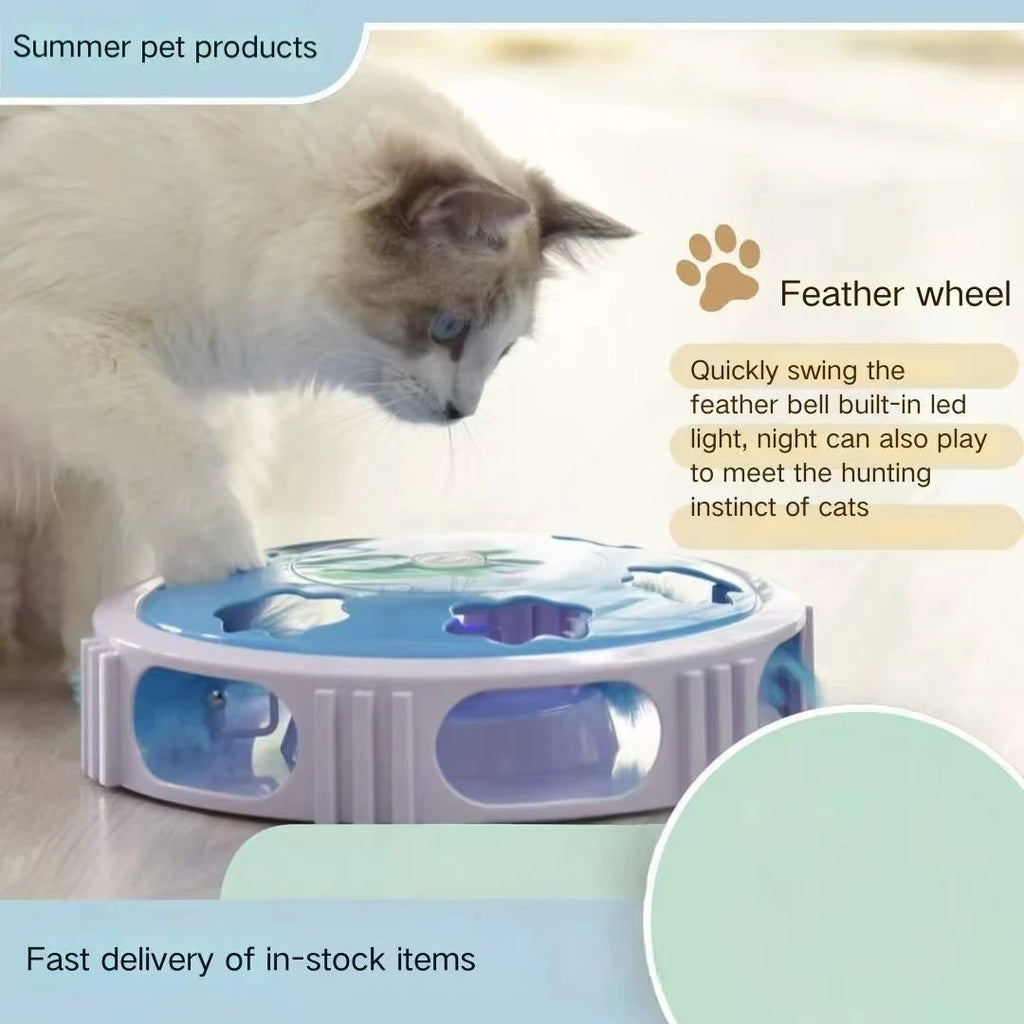 LED Cat Turntable Feather Toy — Auto-Rotating Light-Up Play