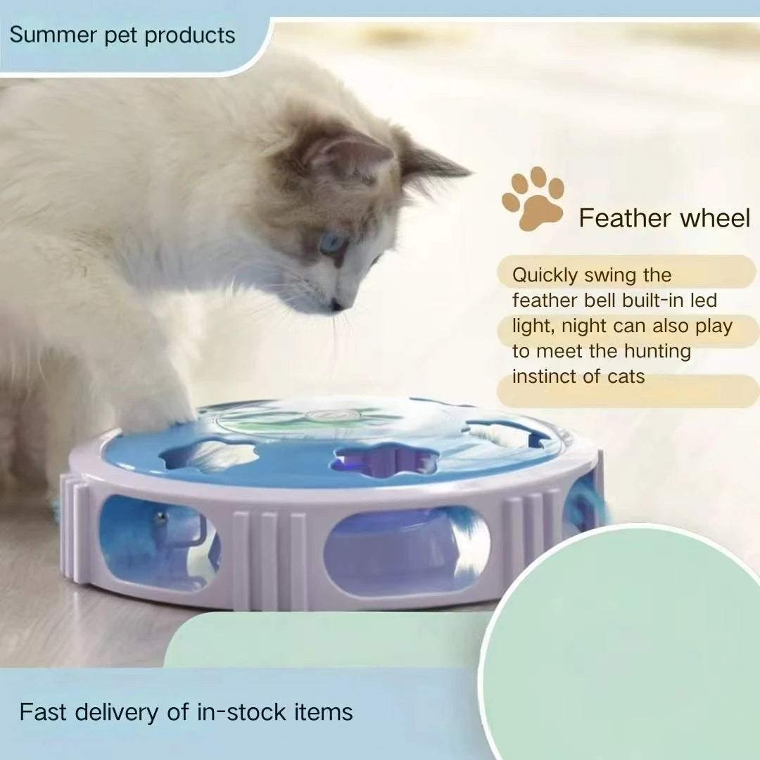 LED Cat Turntable Feather Toy — Auto-Rotating Light-Up Play