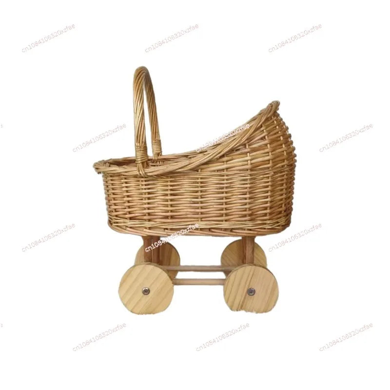 Handwoven Wicker Pet & Infant Bassinet Stroller with Storage Basket