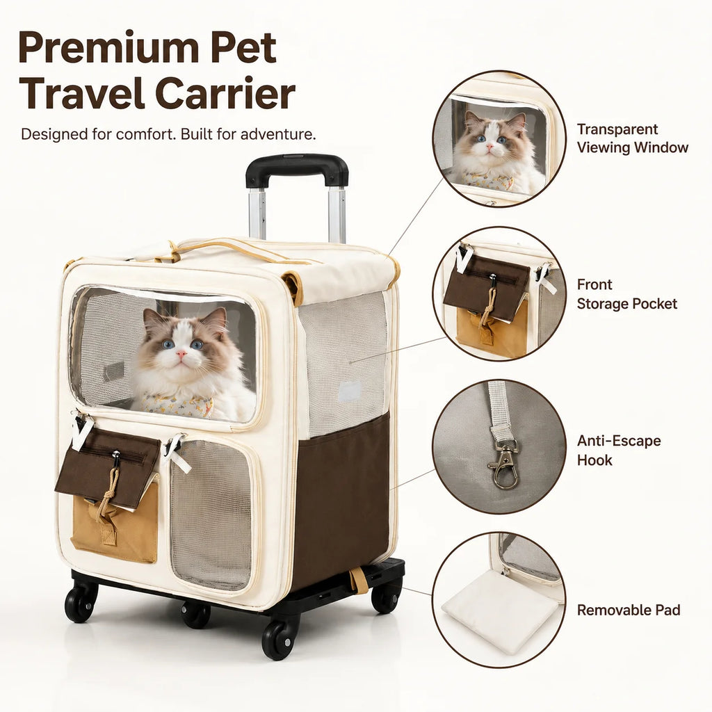 2-in-1 Rolling Cat Carrier with Wheels & Telescopic Handle — Clear Window Breathable Pet Travel Bag