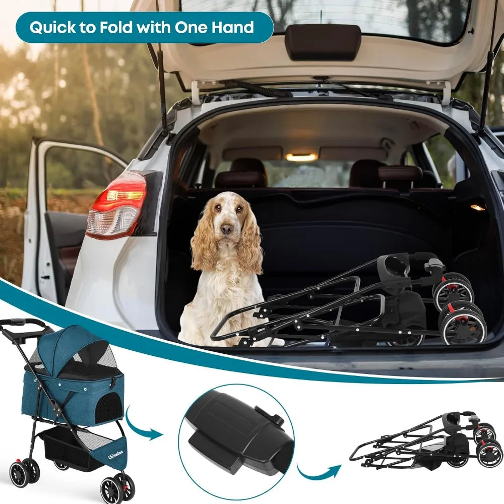 3-Wheel Foldable Pet Stroller for Small & Medium Dogs & Cats with Mesh Canopy & Cup Holders