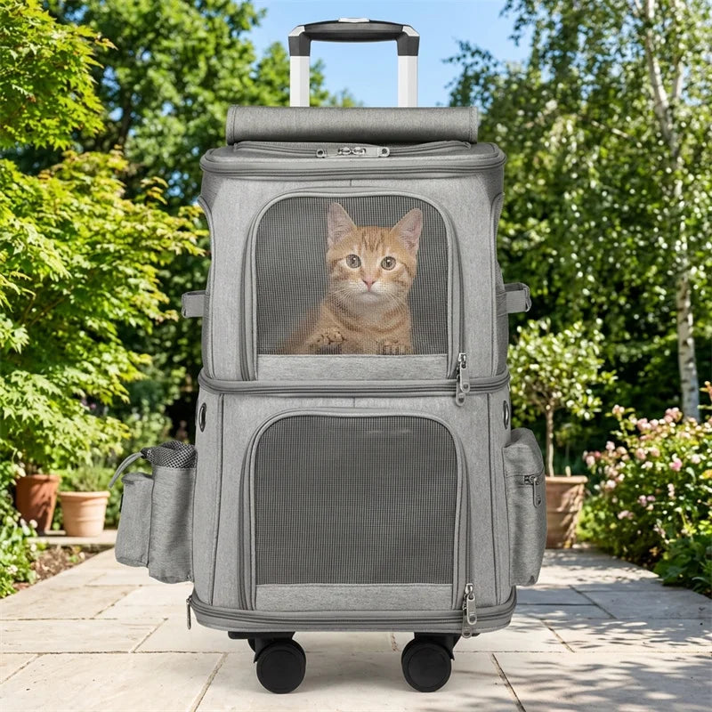 Double-Layer Large-Capacity Breathable Pet Trolley Case for 2 Dogs & Cats — Portable Outdoor Travel Carrier