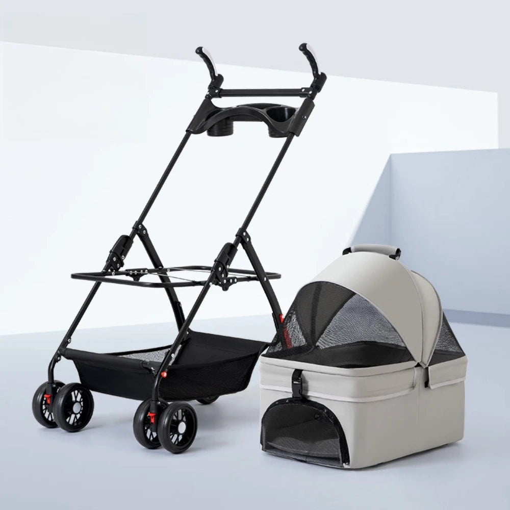 4-Wheel Foldable Dog & Cat Stroller with Cup Holder & Detachable Carrier