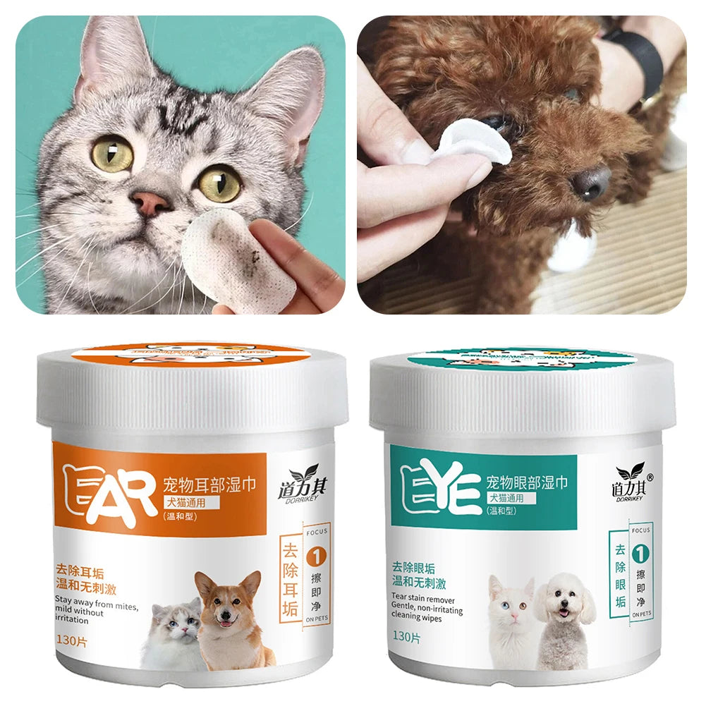 Tear Stain & Ear Cleaning Wipes for Dogs & Cats — 130-Count Aloe Vera Pads