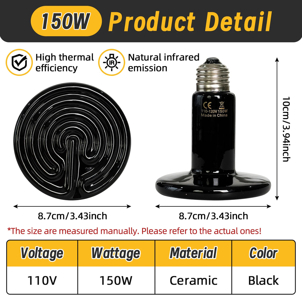 Far-Infrared Ceramic Heat Lamp — Dual-Voltage No-Light Heater, 25W-200W