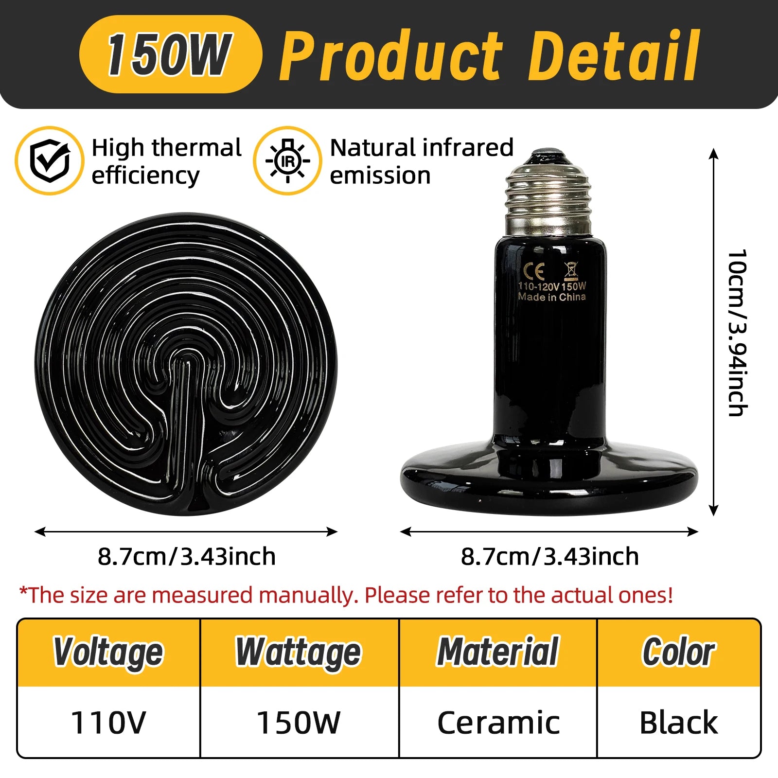 Far-Infrared Ceramic Heat Lamp — Dual-Voltage No-Light Heater, 25W-200W