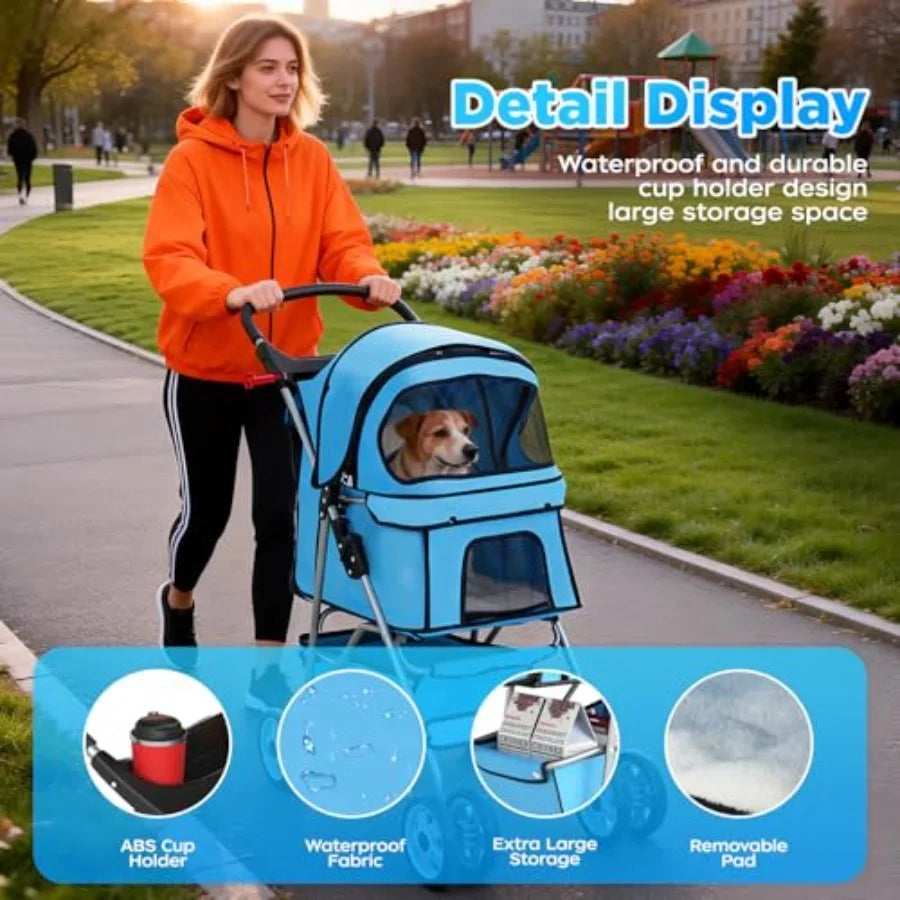 BestOffice 4-Wheel Foldable Pet Stroller with Cup Holder for Small & Medium Dogs & Cats — Lightweight