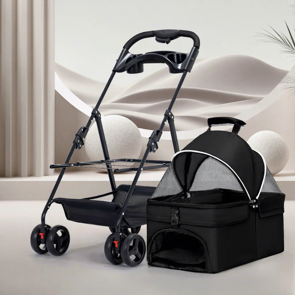 Ultra-Breathable Mesh One-Hand Folding Pet Stroller with Dual Zippered Doors & Detachable Carrier for Dogs & Cats