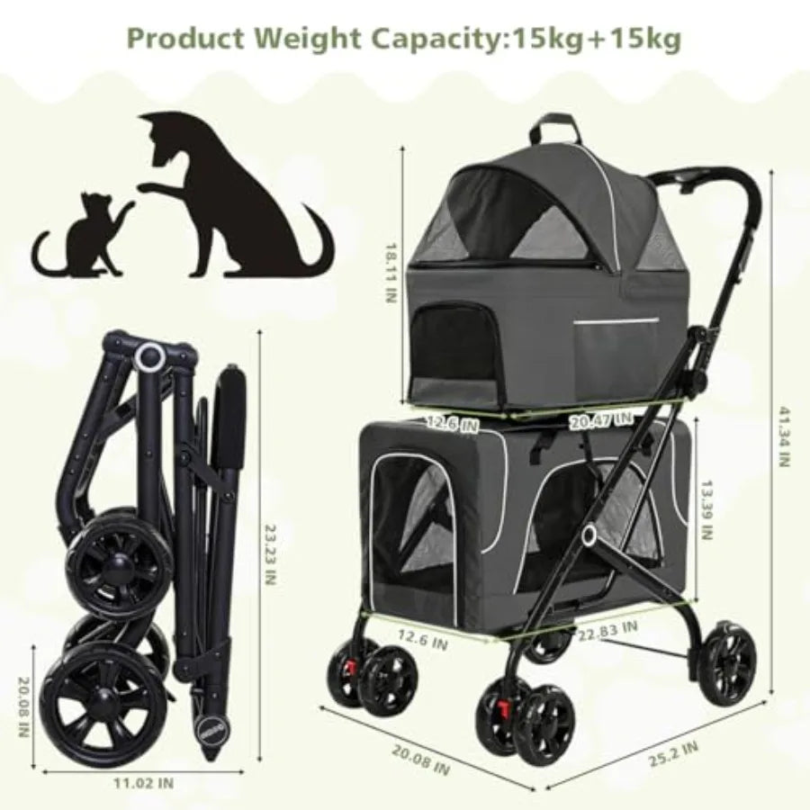 2-Tier Double Pet Stroller with Detachable Carriers for Dogs, Cats & Rabbits