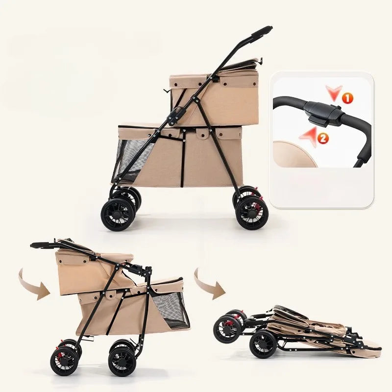 Lightweight Double-Layer Foldable Pet Stroller for Two Pets
