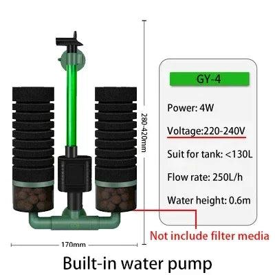 3-in-1 Submersible Aquarium Filter Pump (220V, Sponge + Bio + Chemical)