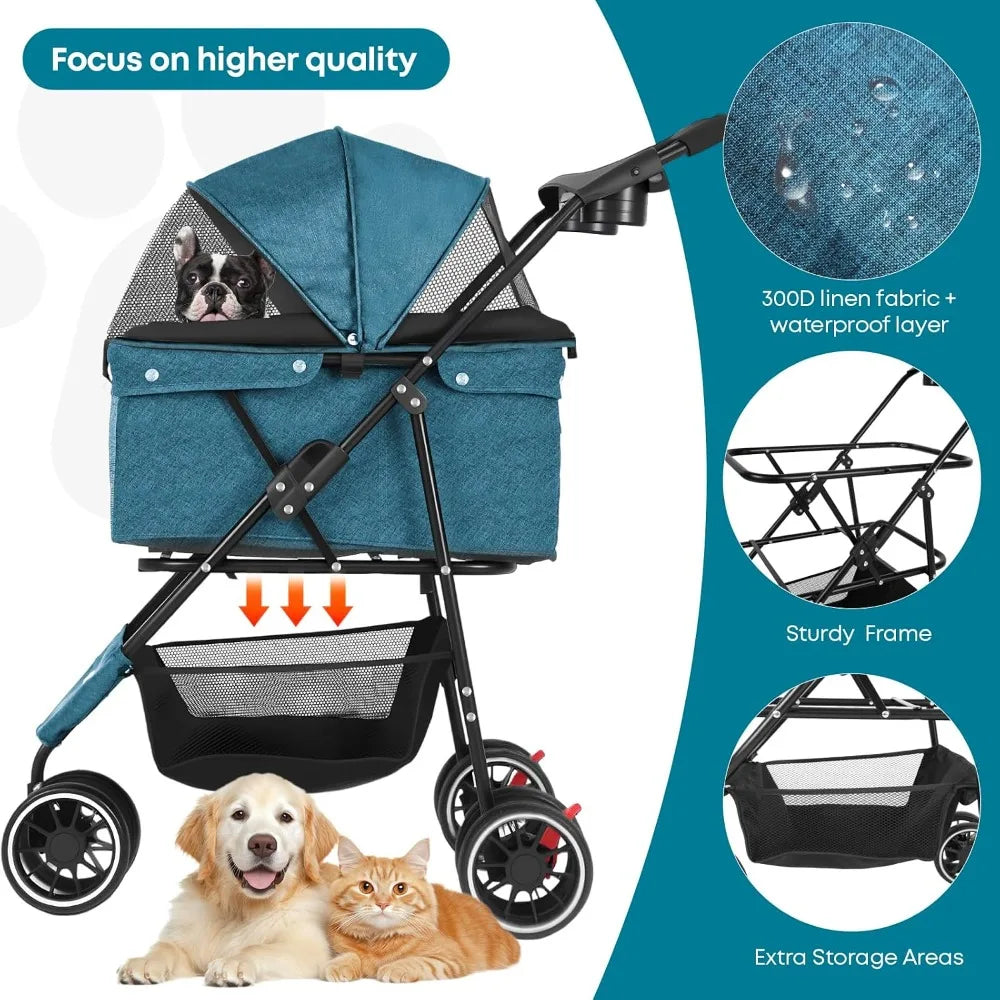 3-Wheel Foldable Pet Stroller for Small & Medium Dogs & Cats with Mesh Canopy & Cup Holders