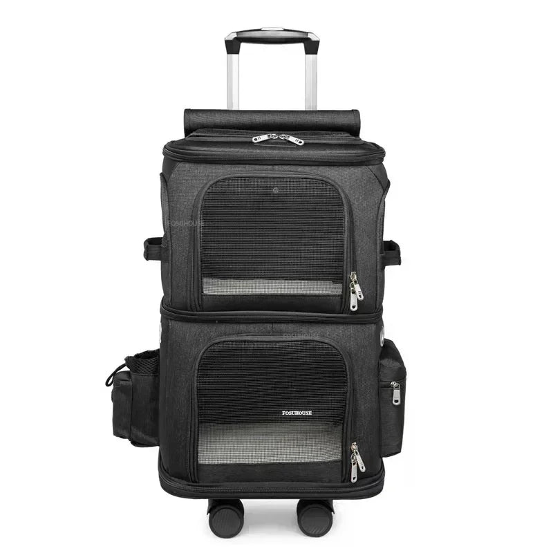 Double-Layer Large-Capacity Breathable Pet Trolley Case for 2 Dogs & Cats — Portable Outdoor Travel Carrier