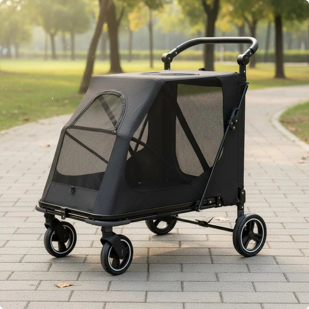 Foldable Large Dog Wagon Stroller with Breathable Mesh — Rolling Travel & Shopping Carrier
