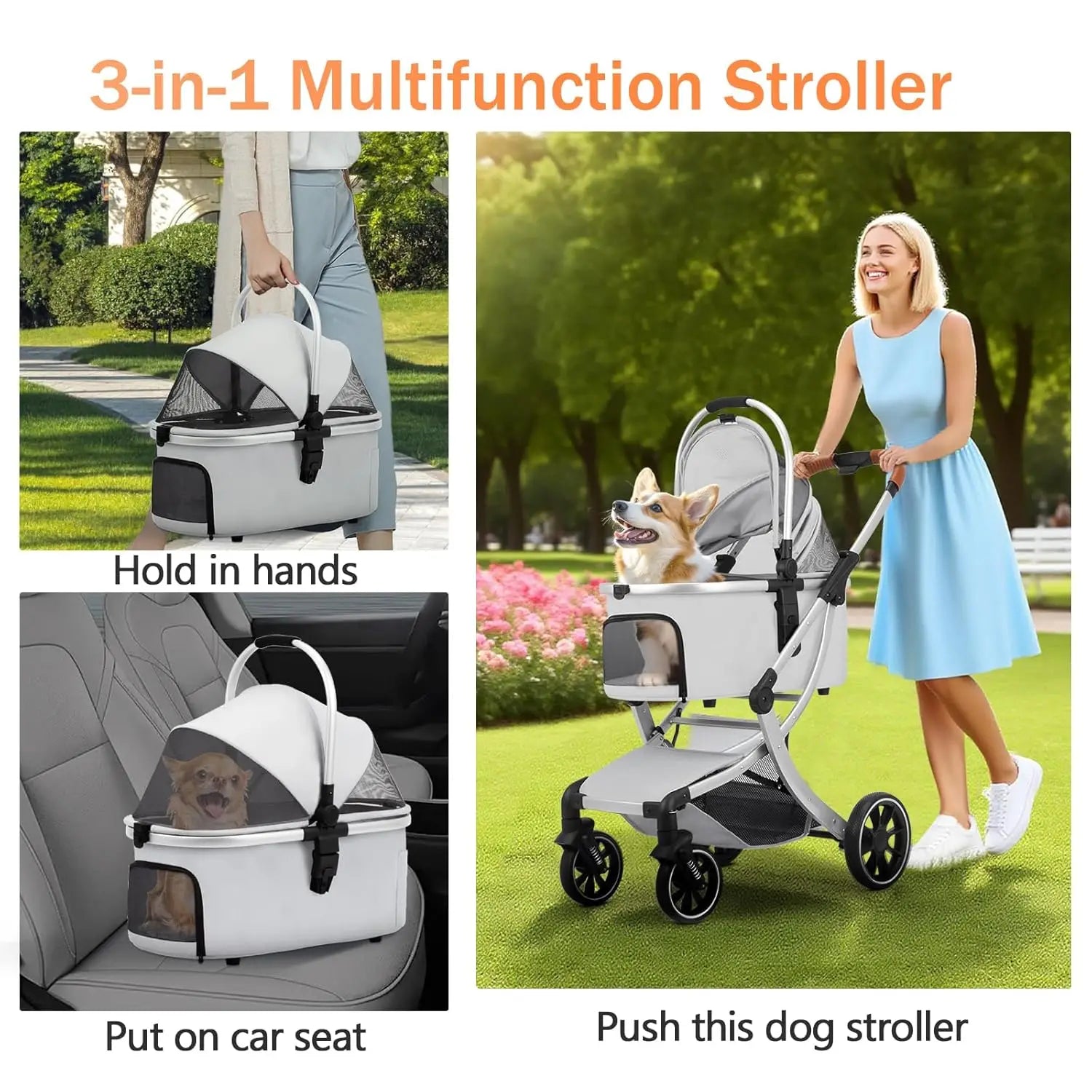 3-in-1 Foldable Pet Stroller with Detachable Carrier, Storage Basket & Pet Pad — Safe Outdoor Cart
