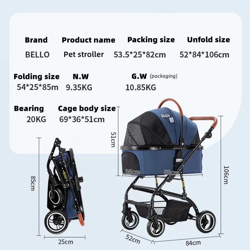 Bello Car Trunk-Compatible Foldable Pet Stroller for Dogs — Portable Travel Cart for On-the-Go Outings