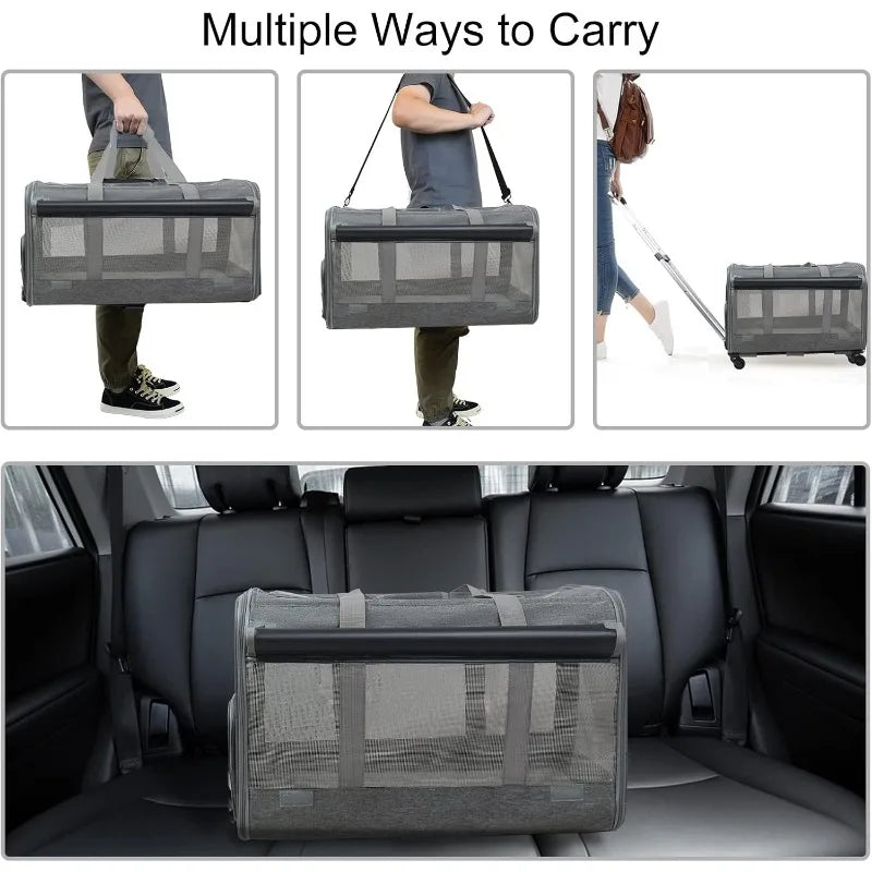 Large Rolling Pet Carrier with Wheels up to 30lbs (Breathable, Collapsible)