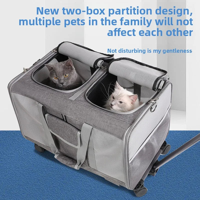 Dual Compartment Multifunctional Pet Stroller with Folding Rolling Cart for Outdoor Travel