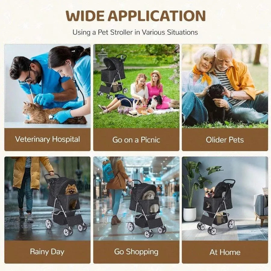 ZENY Foldable 4-Wheel Pet Stroller for Dogs & Cats with Storage Basket & Cup Holder
