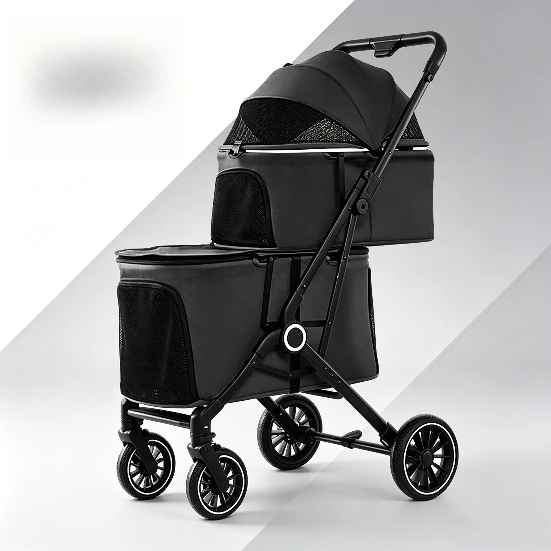 Foldable Double Pet Stroller for Medium Dogs & Cats — 4 Lockable Wheels, Safety Belts, Multi-Pet Carriage