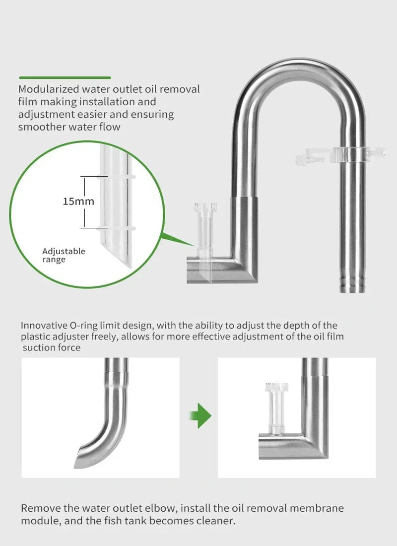 Stainless Steel Aquarium Lily Pipe & Oil Film Skimmer Set (WYIN Style)