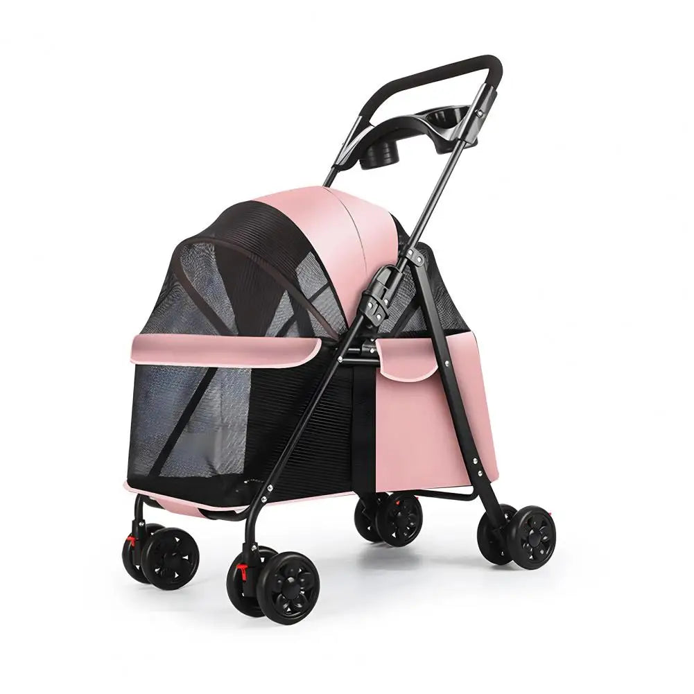 Foldable 4-Wheel Cage Pet Stroller with Cup Holder & Mesh Window for Dogs & Cats