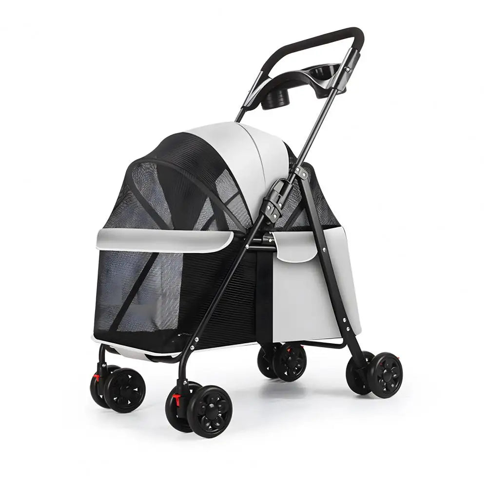 Foldable 4-Wheel Cage Pet Stroller with Cup Holder & Mesh Window for Dogs & Cats
