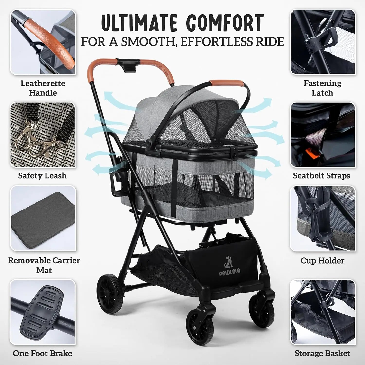 3-in-1 Compact-Fold All-Terrain Pet Stroller for Small Dogs & Cats in Gray