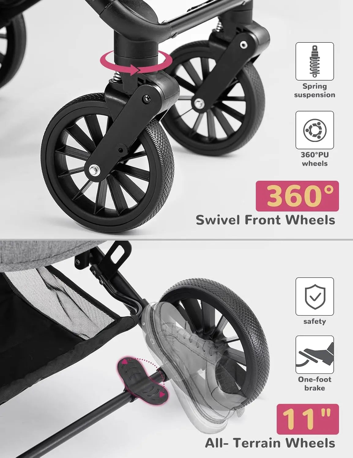 4-Wheel Folding Breathable Pet Stroller with Detachable Carrier for Small & Medium Dogs & Cats — Grey
