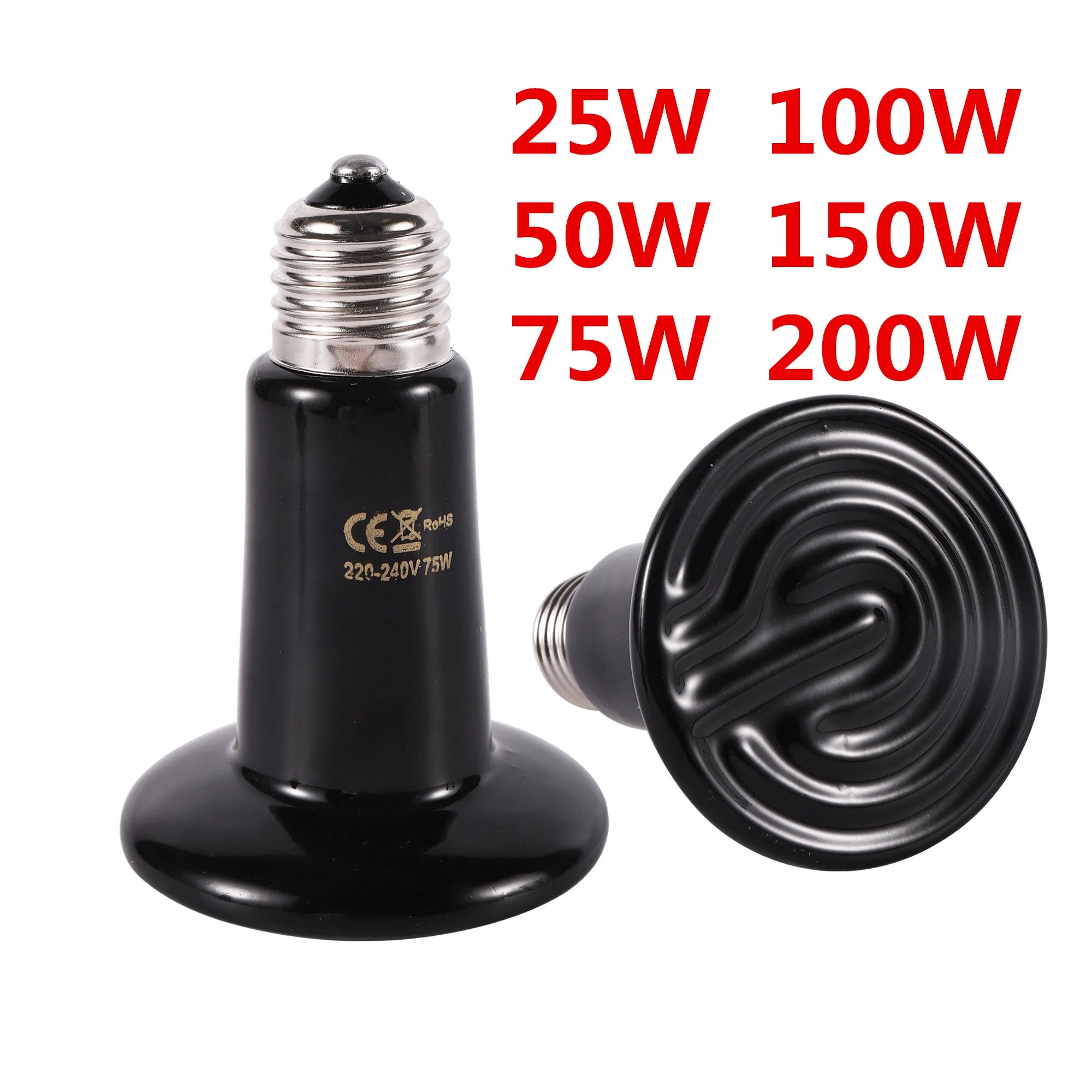 Ceramic Infrared Heat Lamp for Reptiles — No-Light Heating Bulb, 110V/220V, 25W–200W